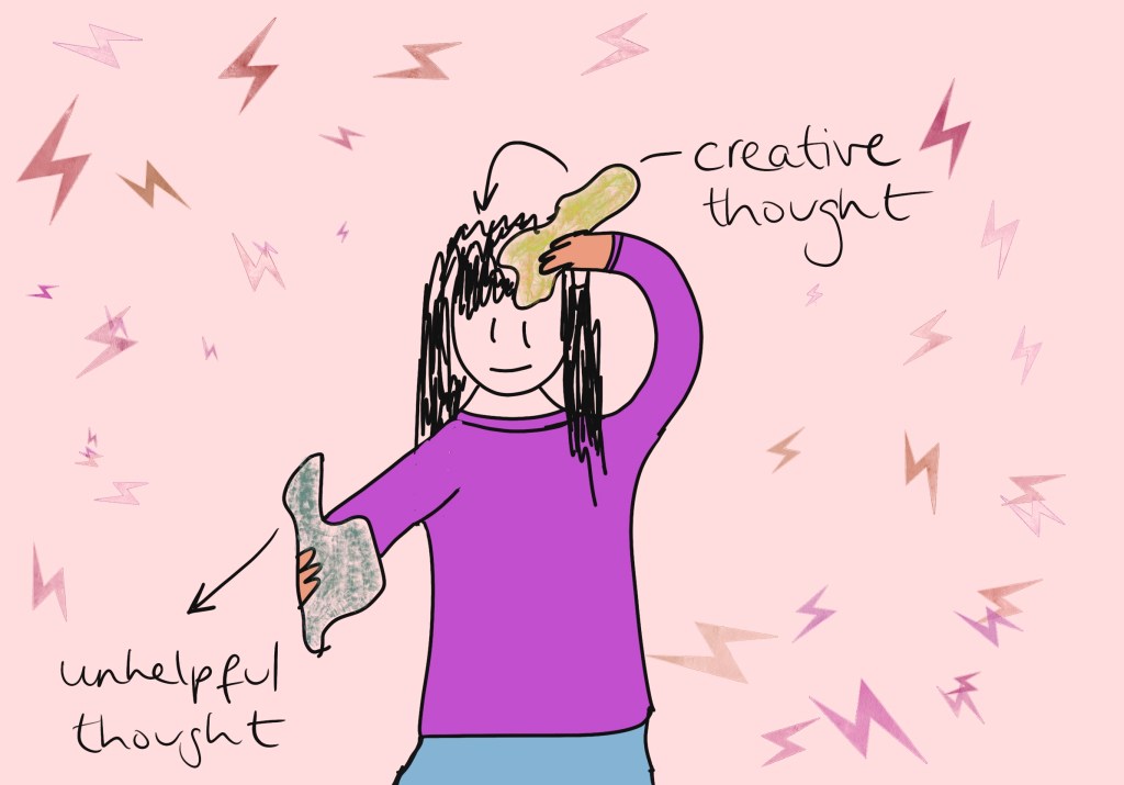 Person swapping an unhelpful thought in her brain for a creative one.